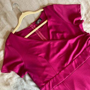 Bright Pink Short-Sleeved Sheath With Faux Surplice Bodice